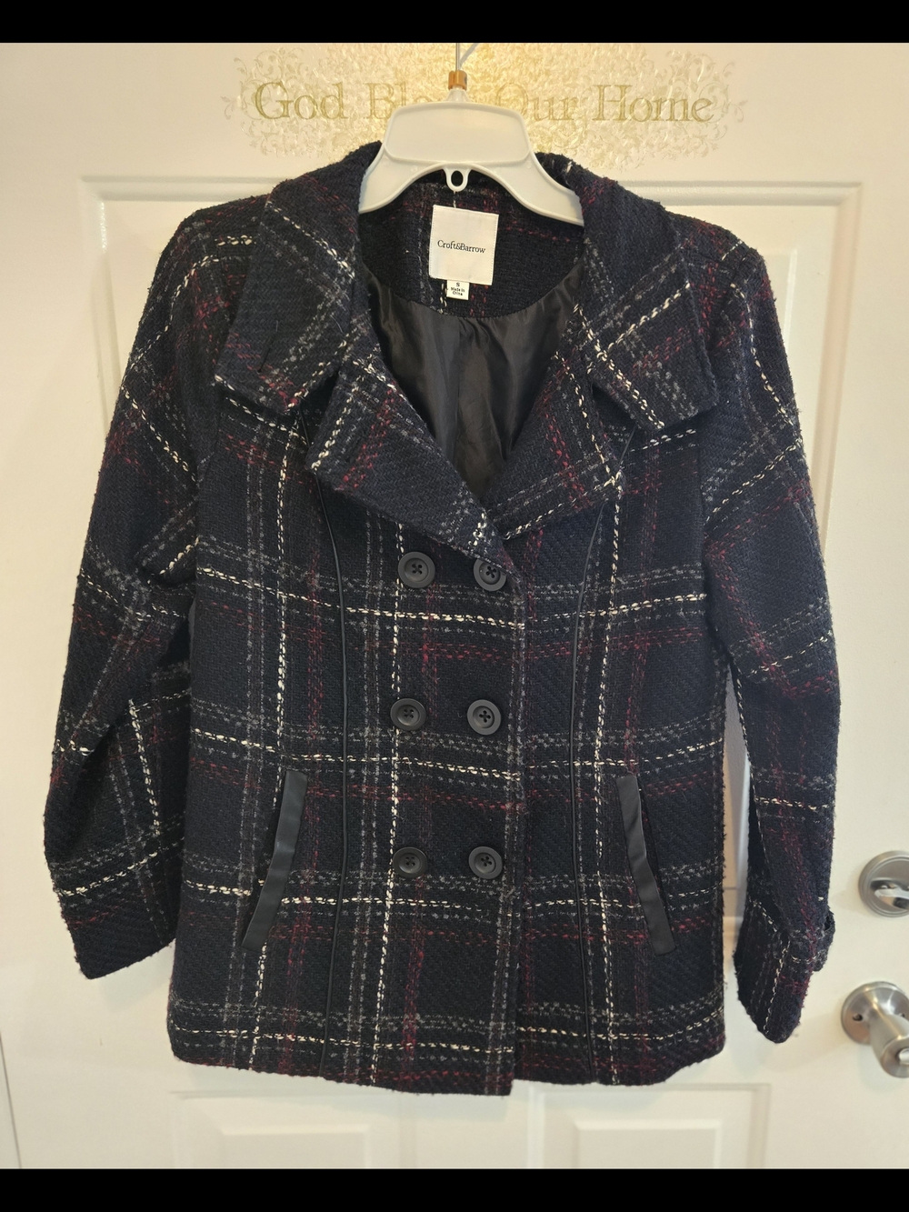 Croft & Barrow Tweed  Double Breasted Peacoat Size S Faux Leather